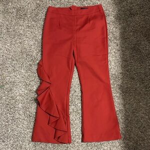 C/MEO Collective Red Flare Pants with Ruffle Detail